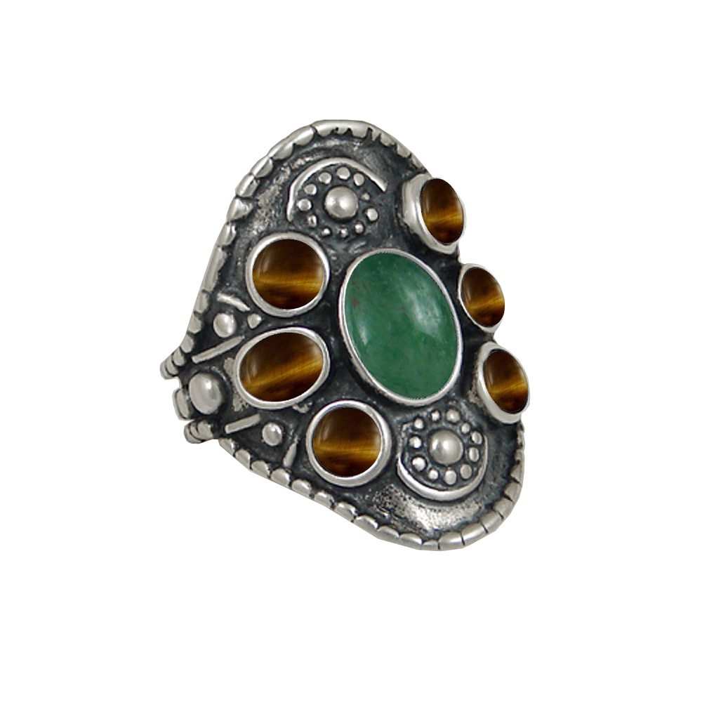 Sterling Silver High Queen's Ring With Jade And Tiger Eye Size 7
